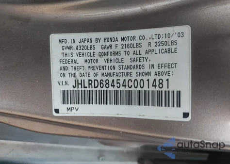 2004 Honda Cr-V Lx from USA, damaged, VIN JHLRD68454C001481